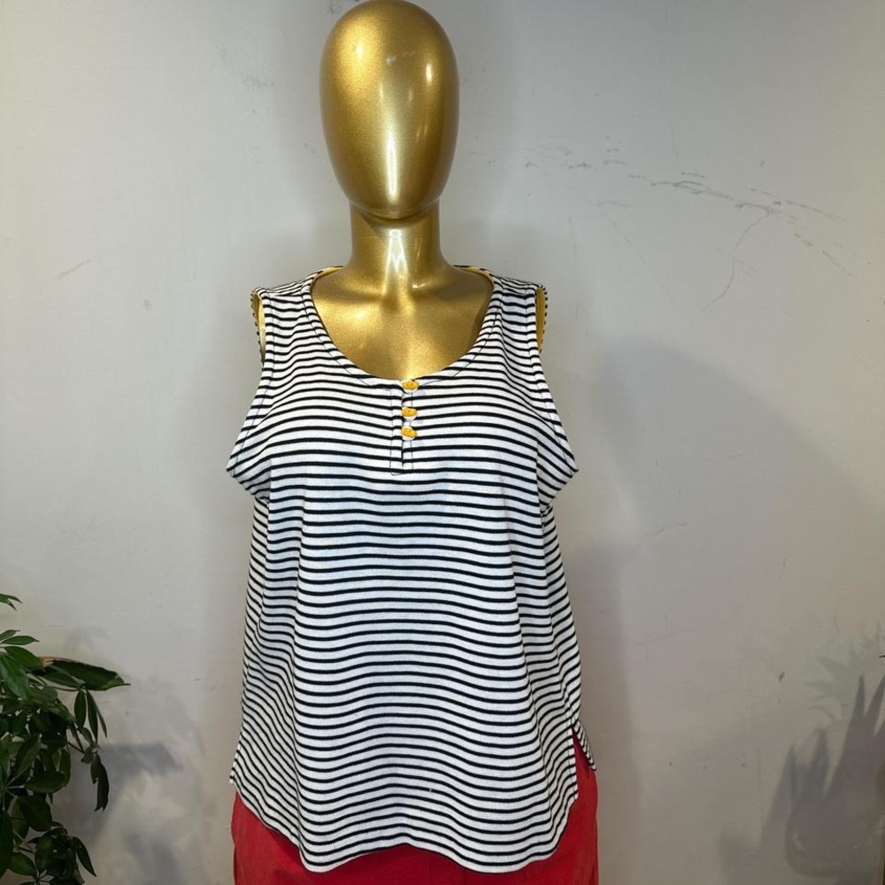 Vintage 90s white and black striped tank top‎ with yellow trim LARGE